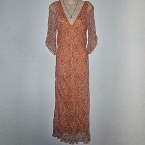 Opera Prima Orange Paisley V-Neck Maxi Dress Flutter Sleeves
